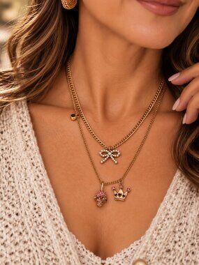 Betsey Johnson Whimsical Pink Charm Necklace – Bow, Sparkling Mouse & Crown